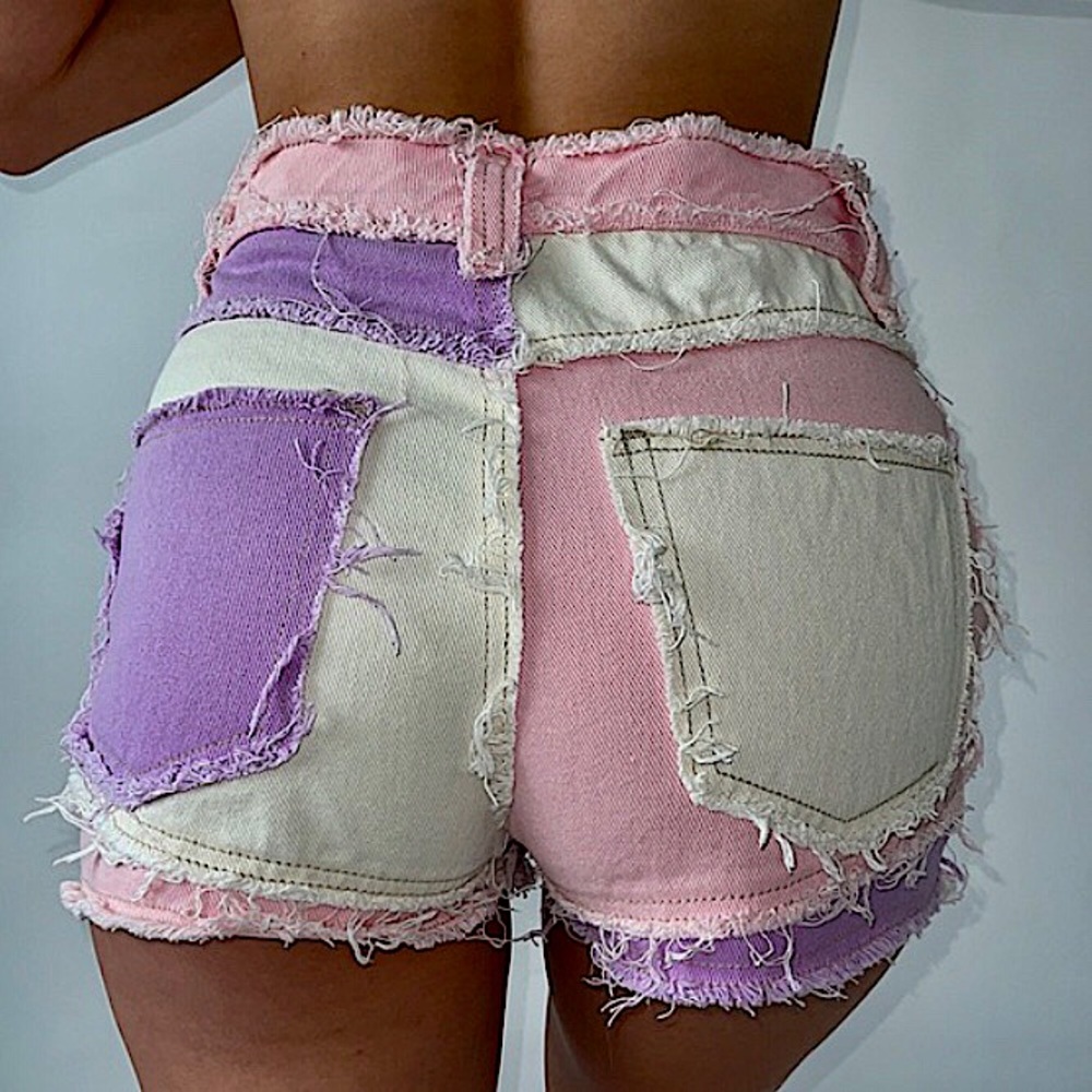 Jaded London Hot Pant Cut-Off Jean Shorts in Purple Pink Denim Patchwork - Picture 7 of 16